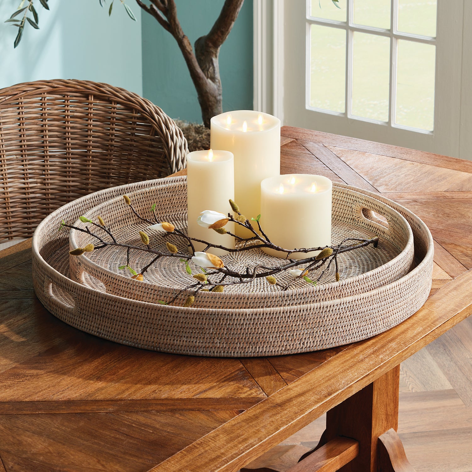 Burma Rattan Round Ottoman Tray Set of 2