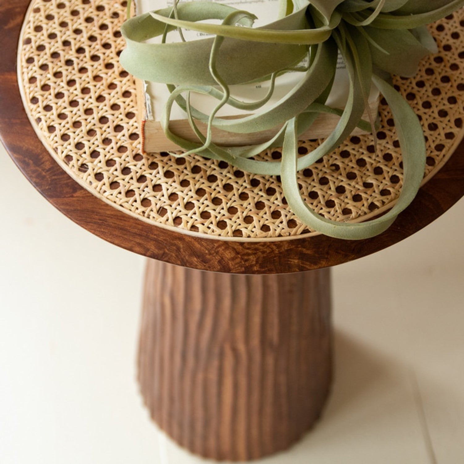 Round Wooden Side Table with Woven Cane Top