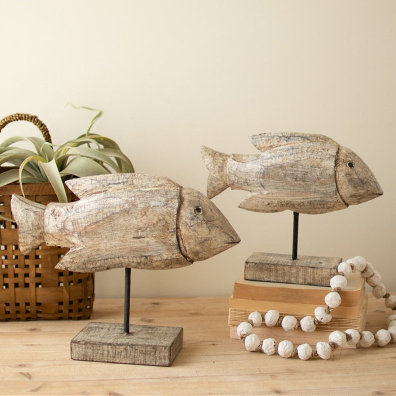 Carved Recycled Wooden Fish on Stand Set of 2