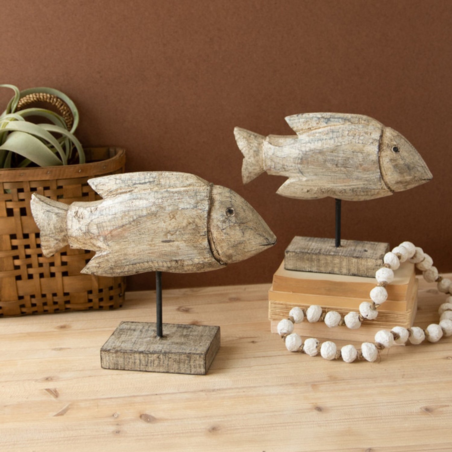 Carved Recycled Wooden Fish on Stand Set of 2