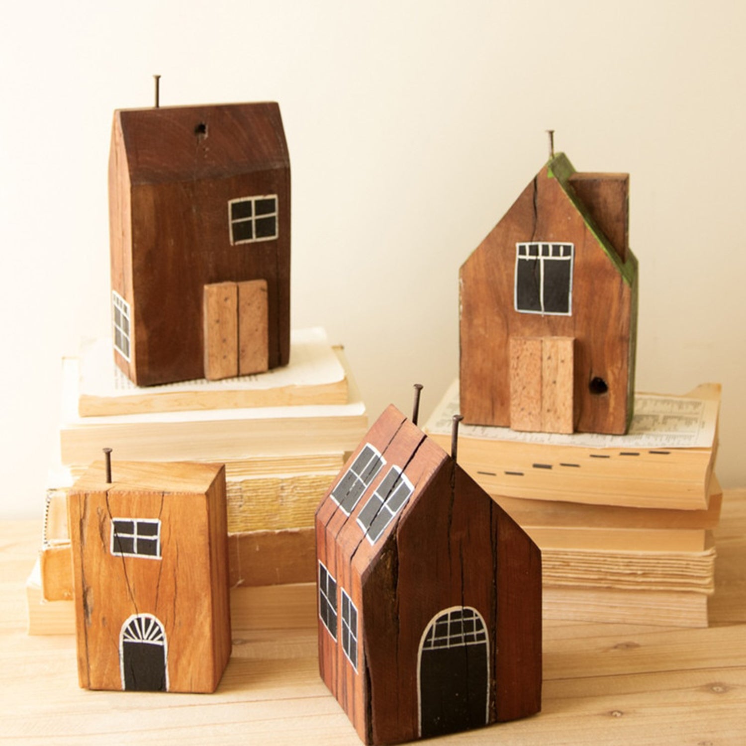 Hand-Painted Recycled Wood Village Set of 4
