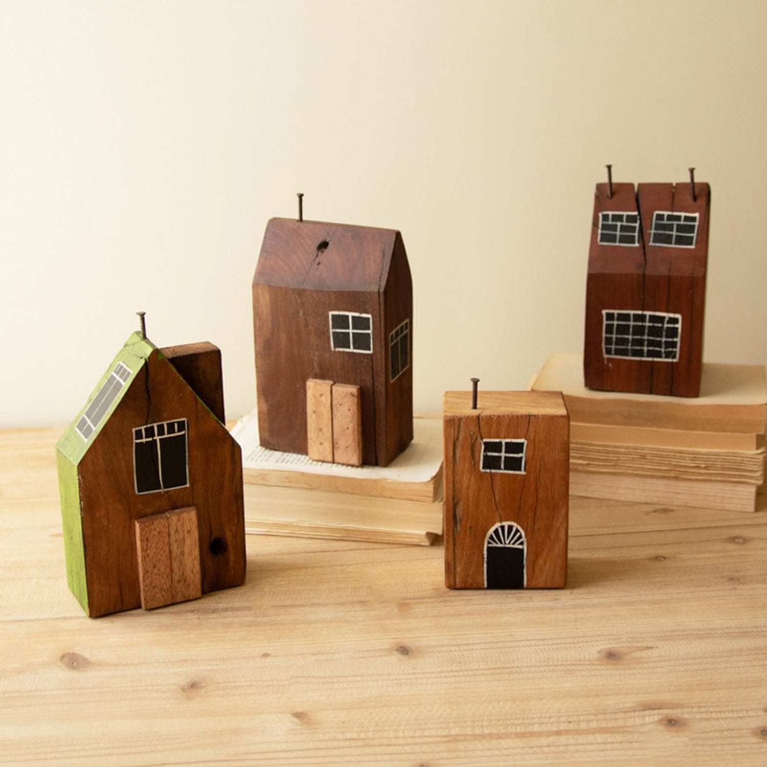 Hand-Painted Recycled Wood Village Set of 4