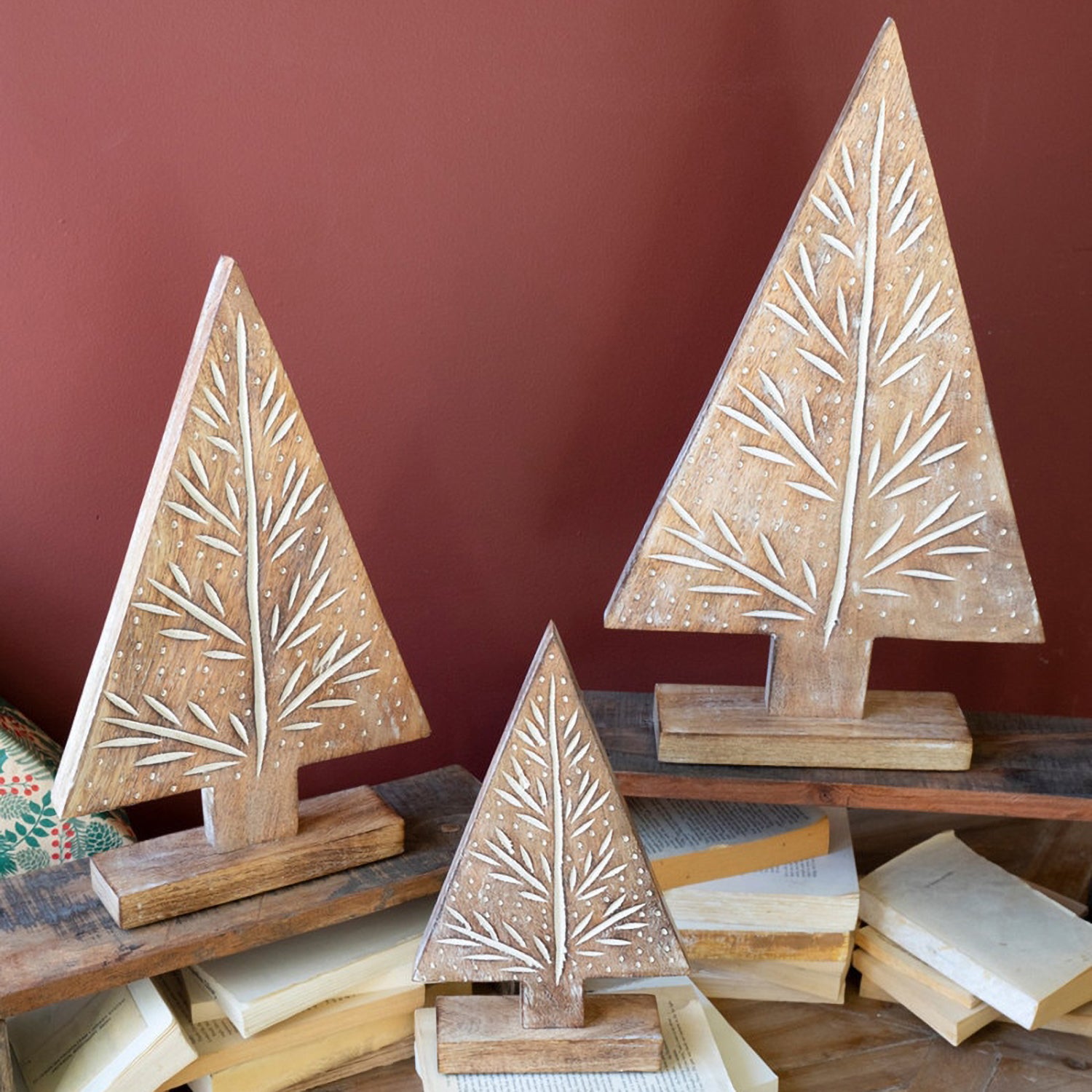 Carved Wood Christmas Trees on Stand Set of 3