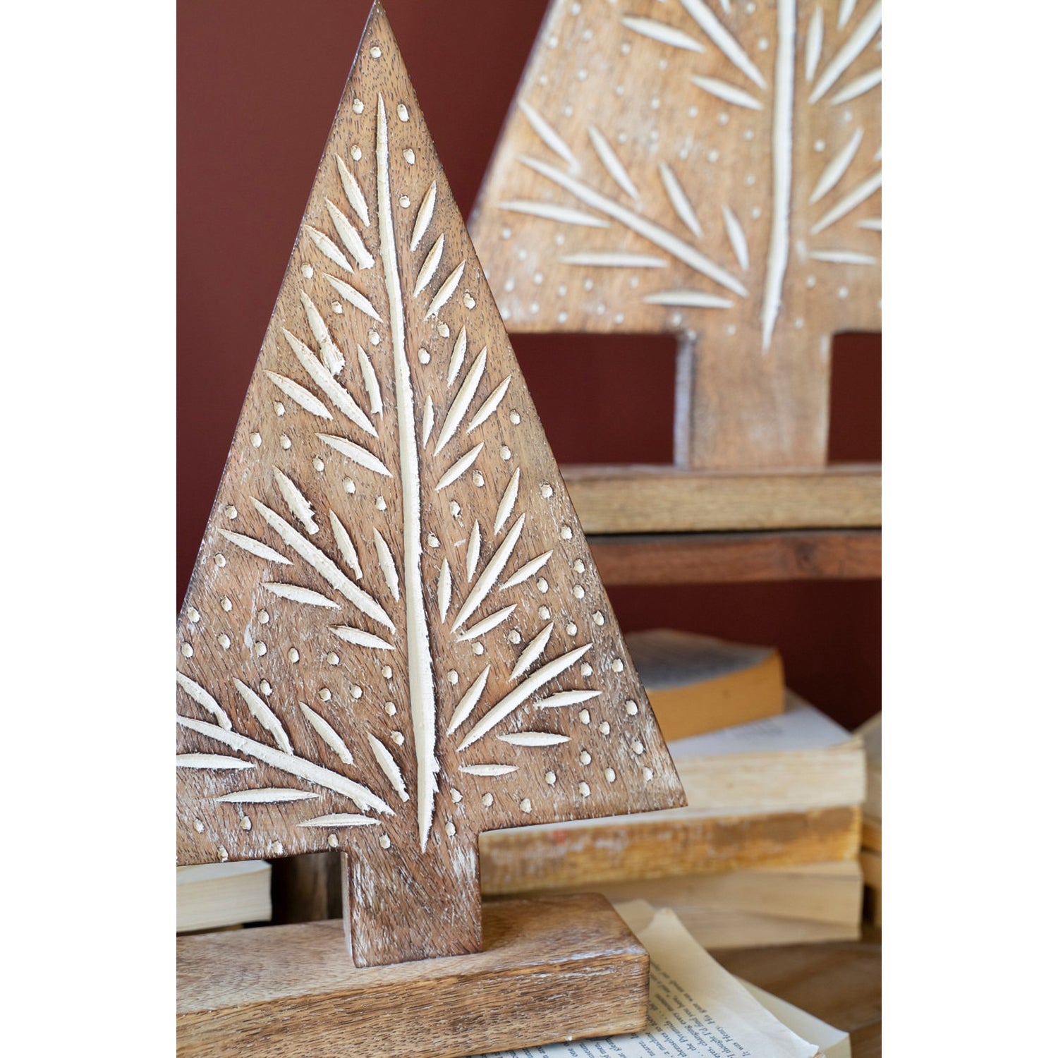 Carved Wood Christmas Trees on Stand Set of 3