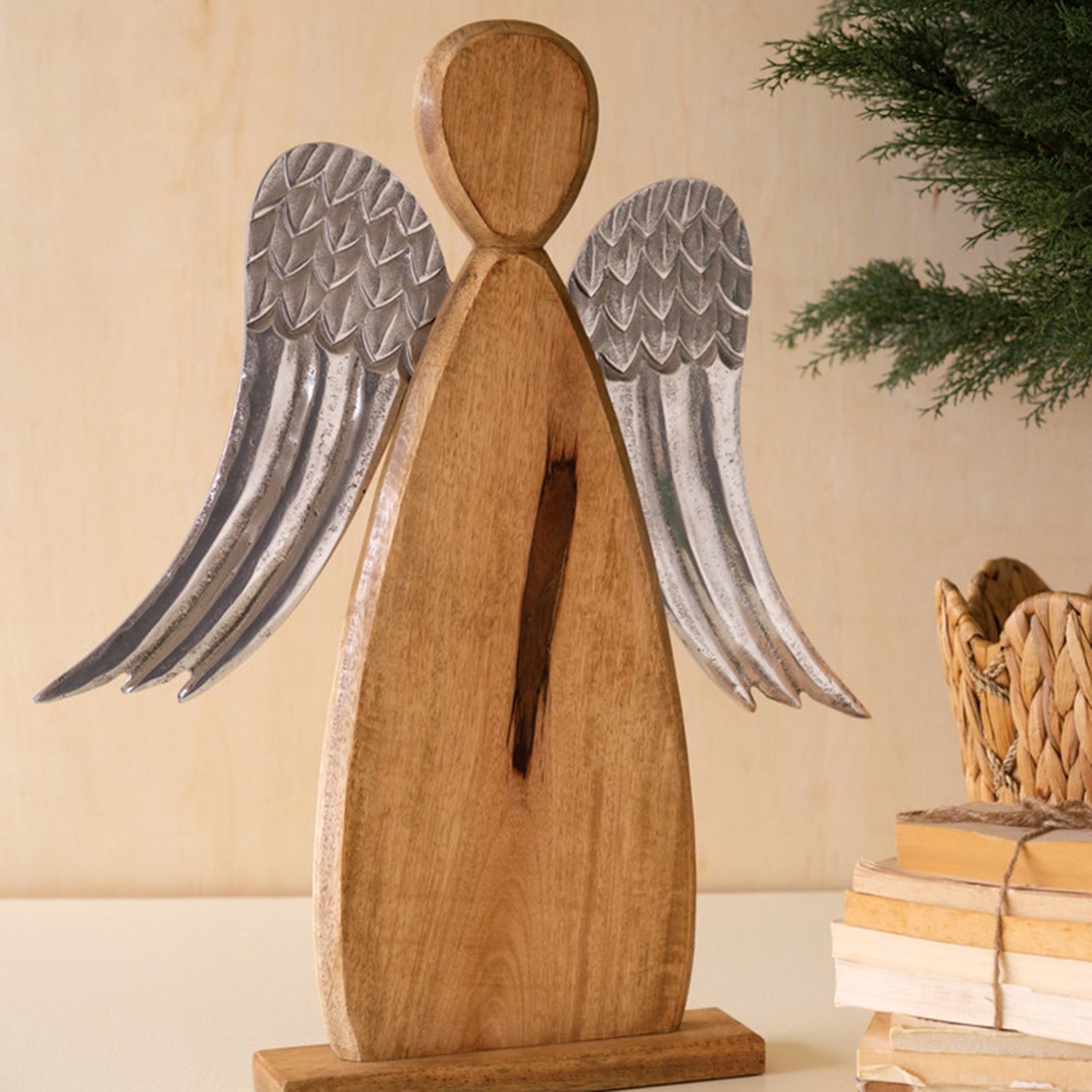 Carved Mango Wood Angel with Aluminium Wings