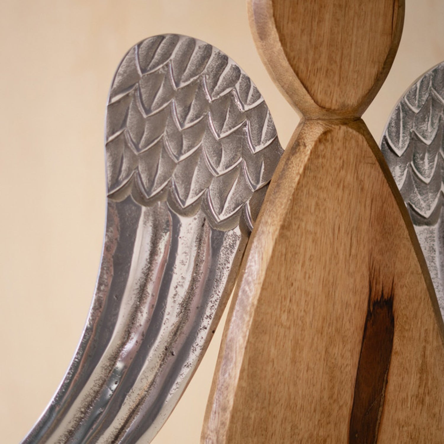 Carved Mango Wood Angel with Aluminium Wings
