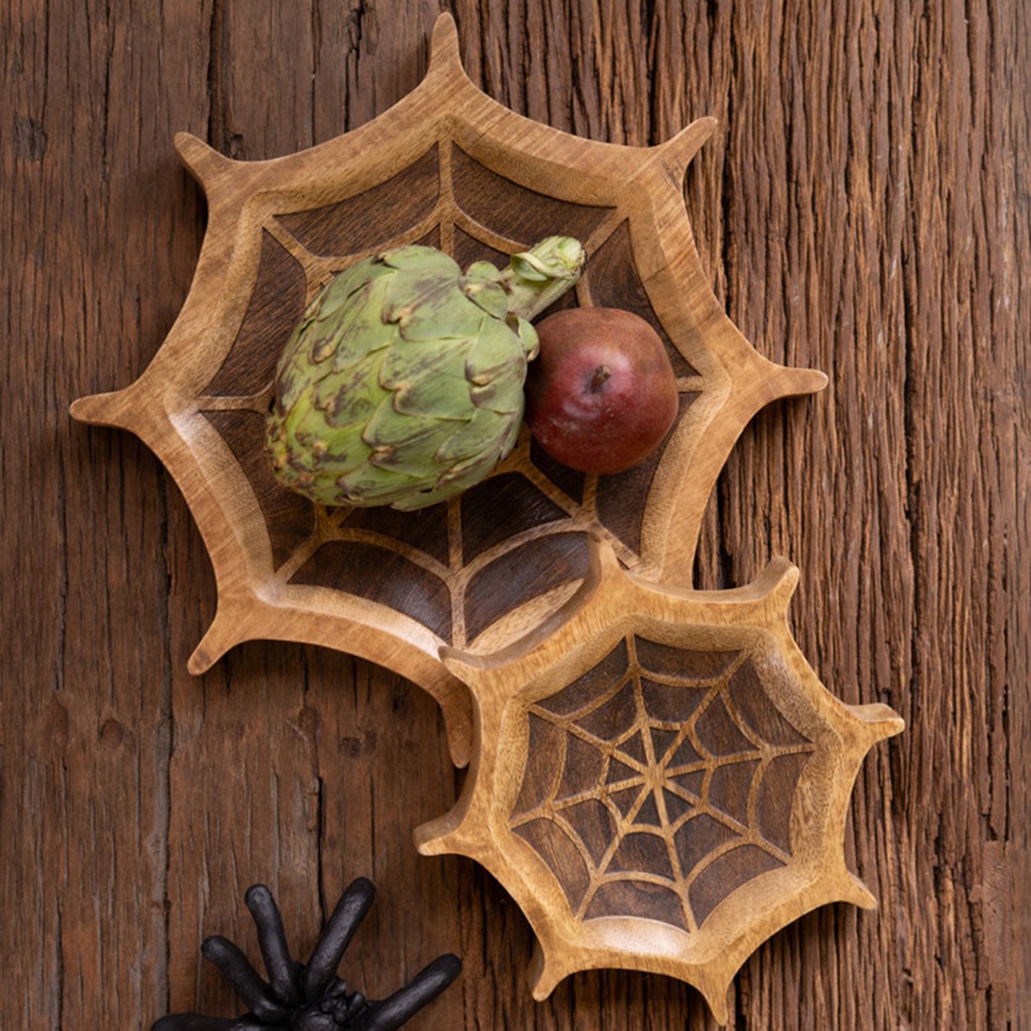 Carved Mango Wood Halloween Spider Web Set of 2