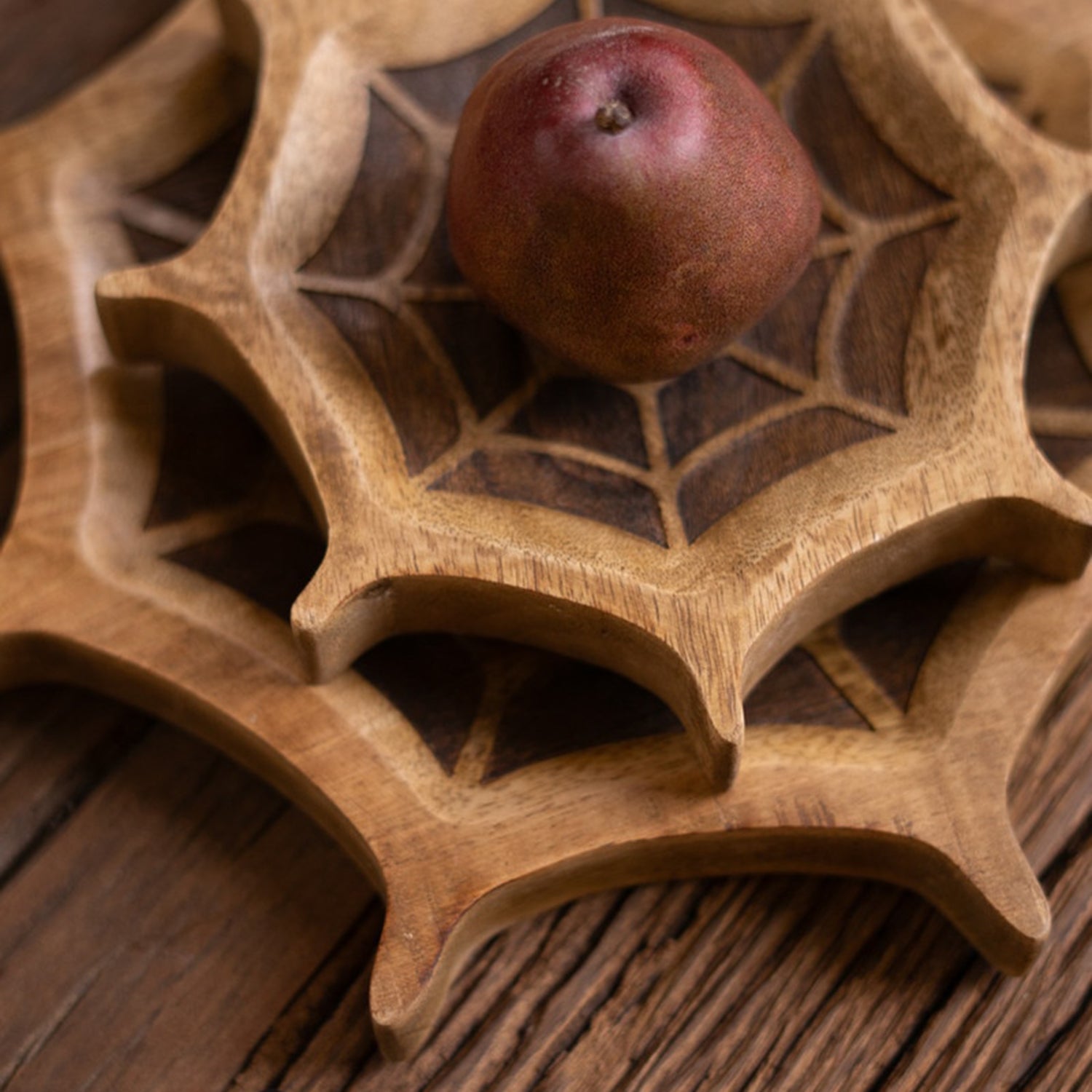 Carved Mango Wood Halloween Spider Web Set of 2