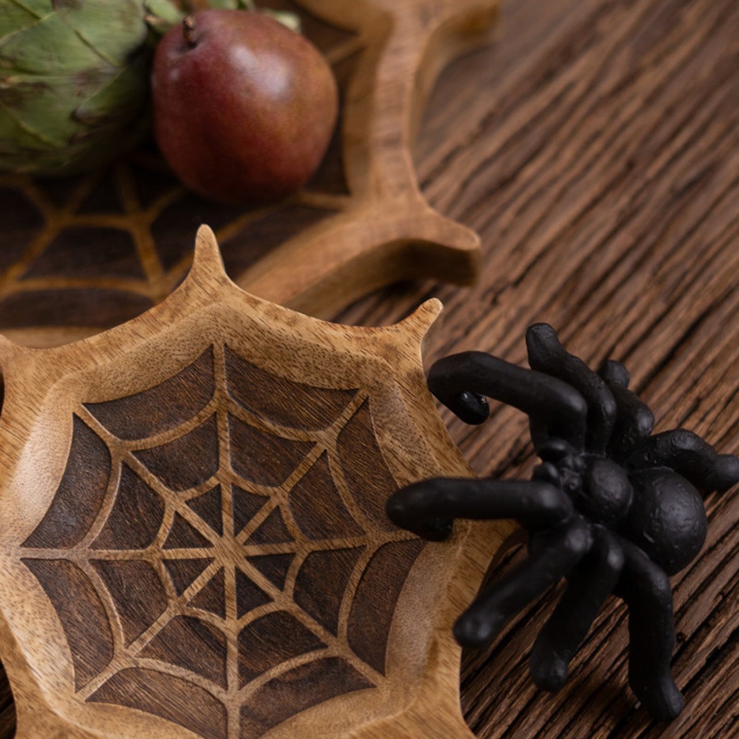 Carved Mango Wood Halloween Spider Web Set of 2