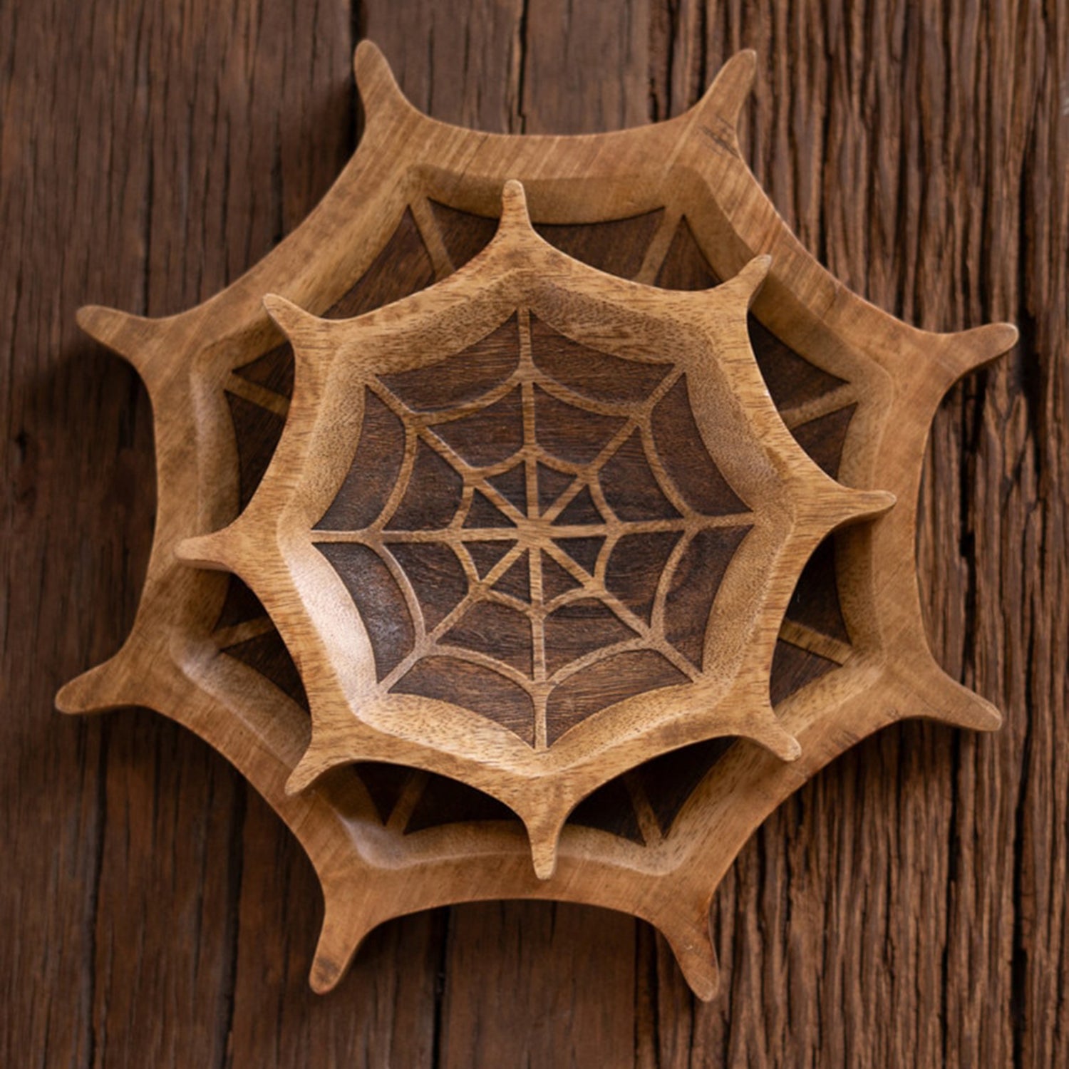 Carved Mango Wood Halloween Spider Web Set of 2