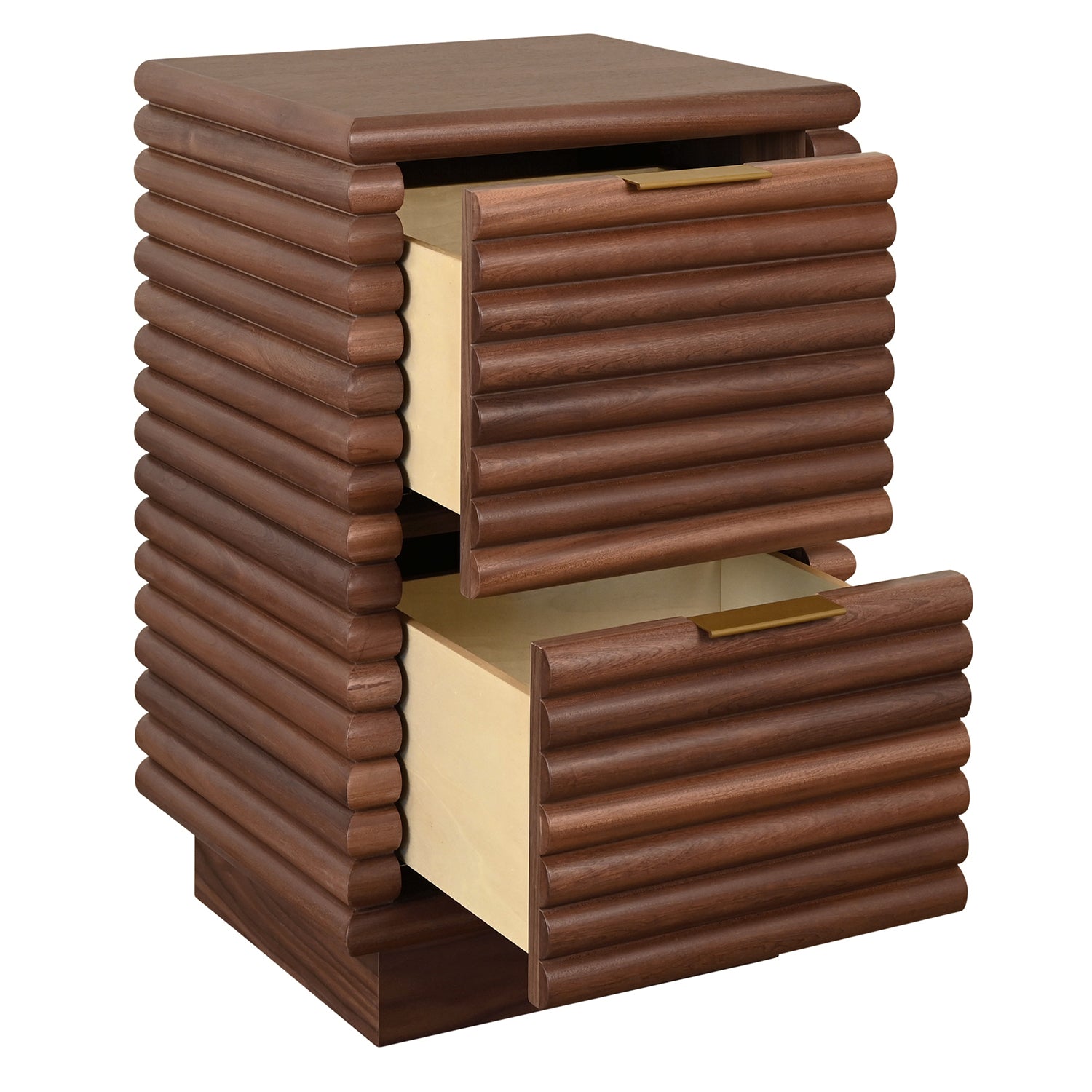 Worlds Away Nayla walnut side table, detail of antique brass drawer hardware