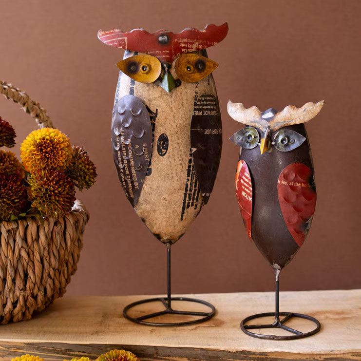 Recycled Iron Owls on Stand Set of 2