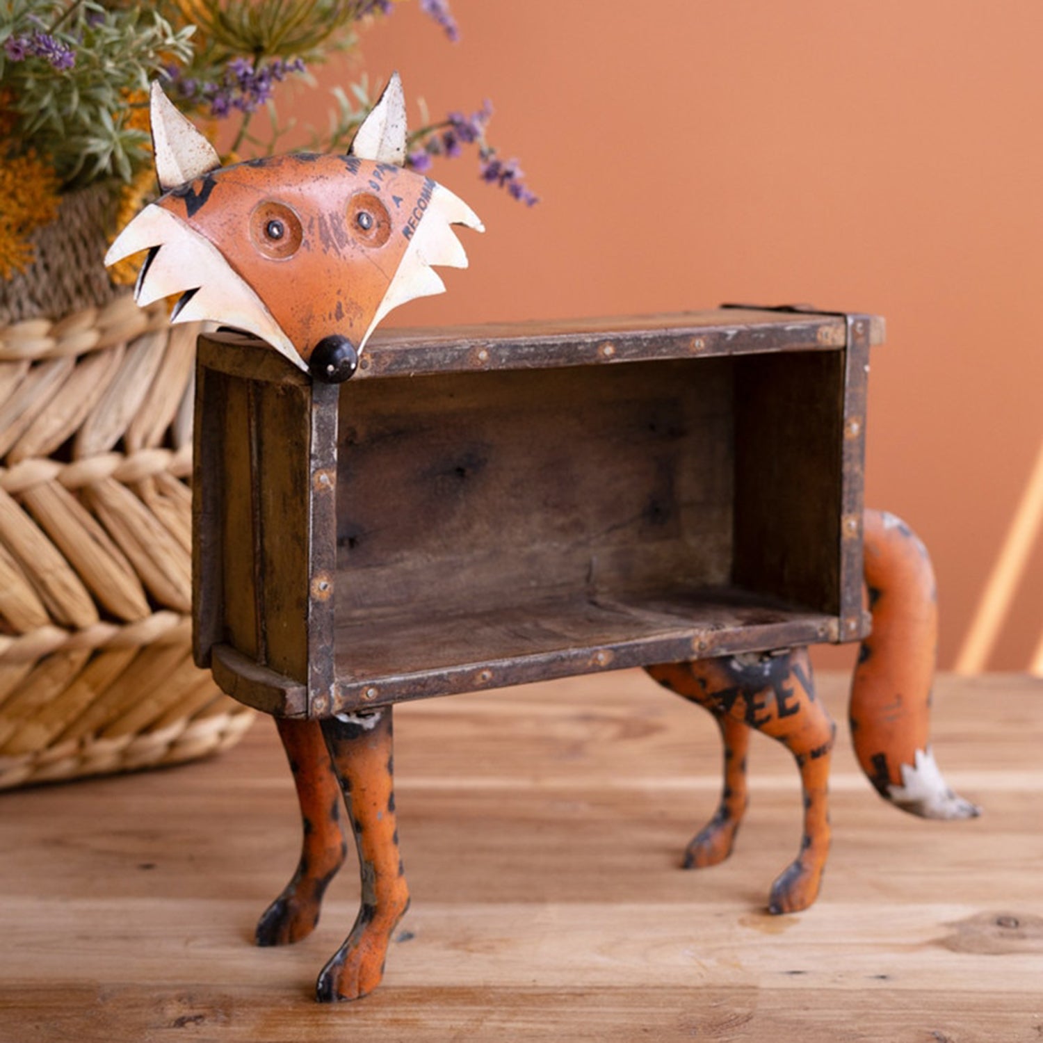 Recycled Metal Fox with Wooden Brick Mold