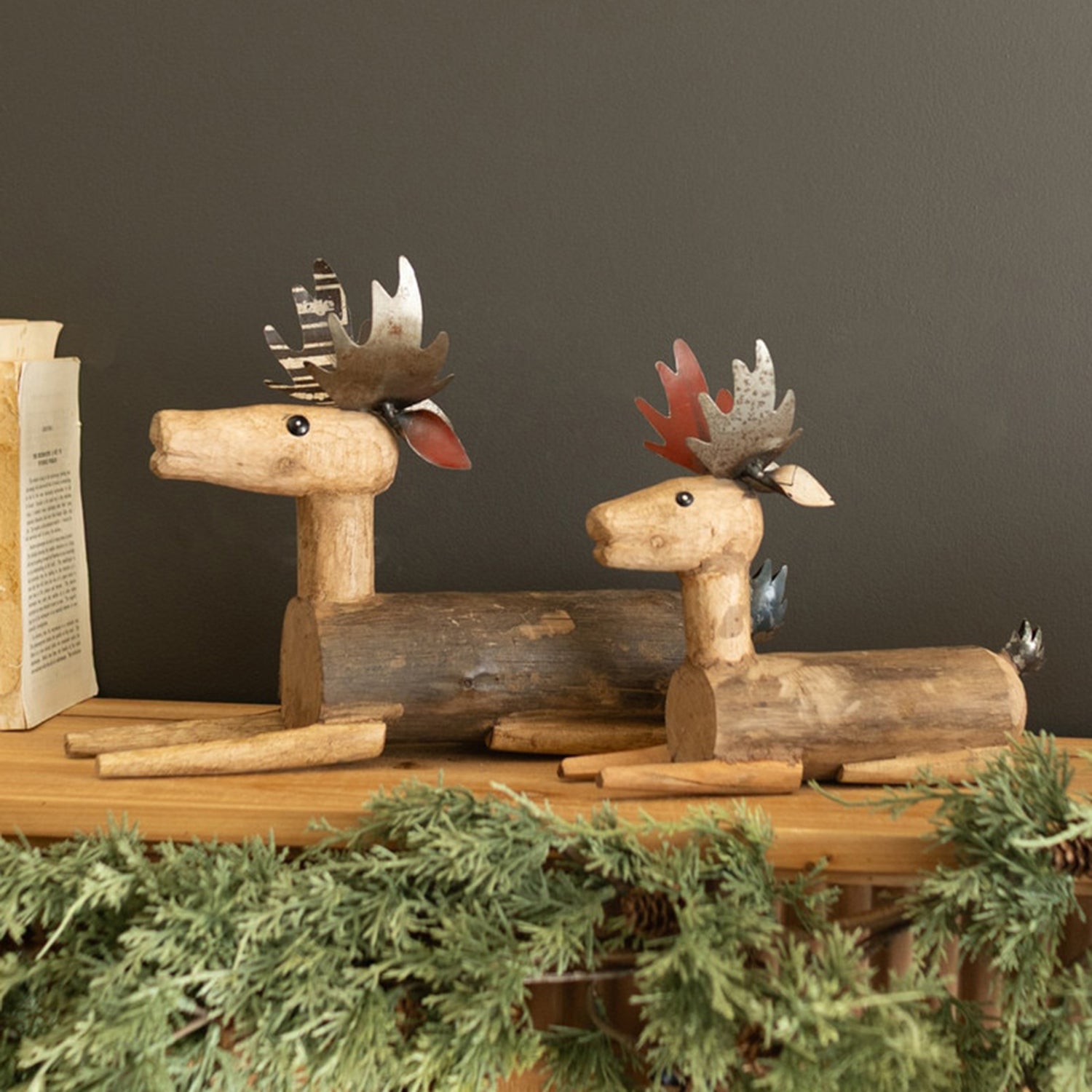 Metal and Wood Sitting Deer Set of 2