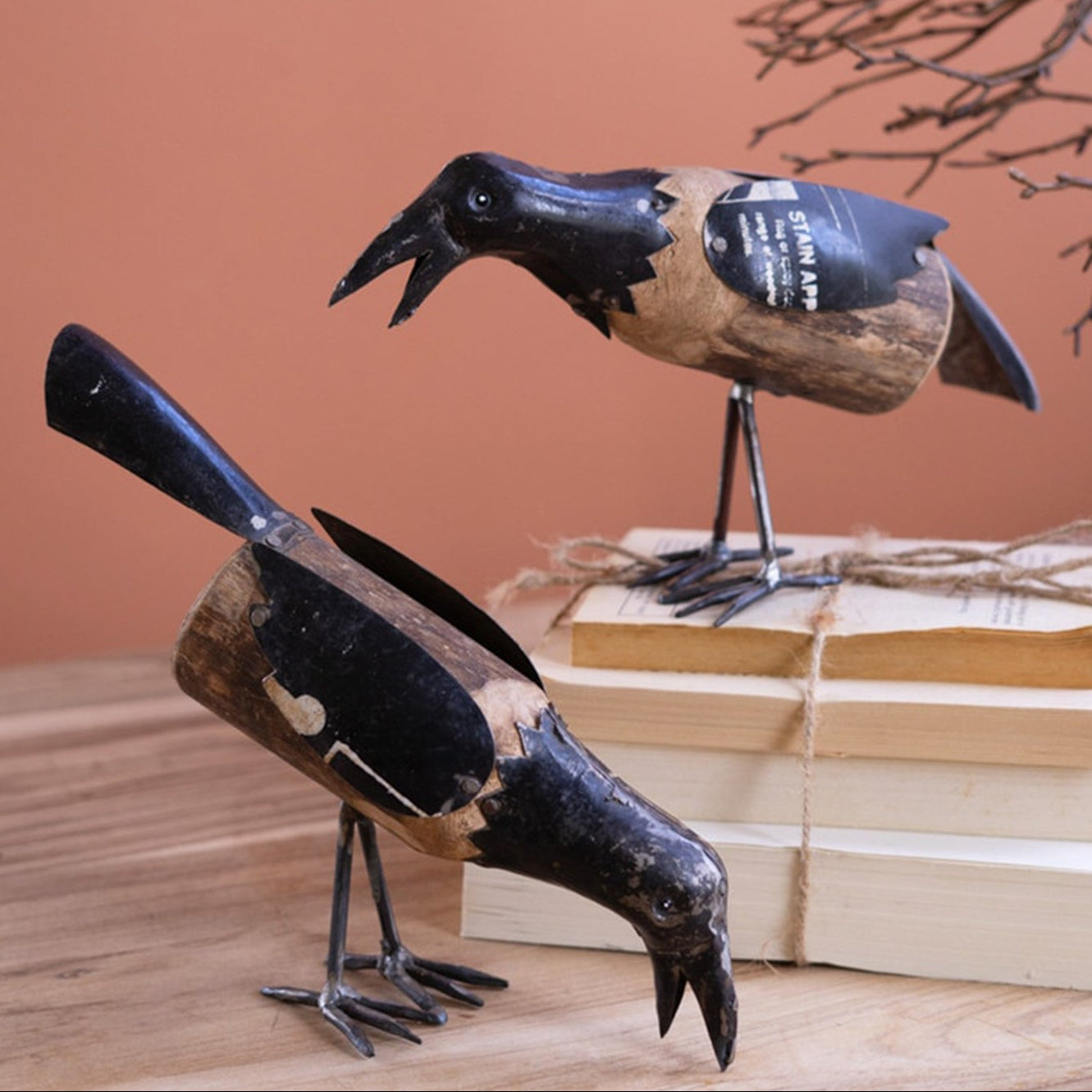 Recycled Metal and Wood Crow Set of 2