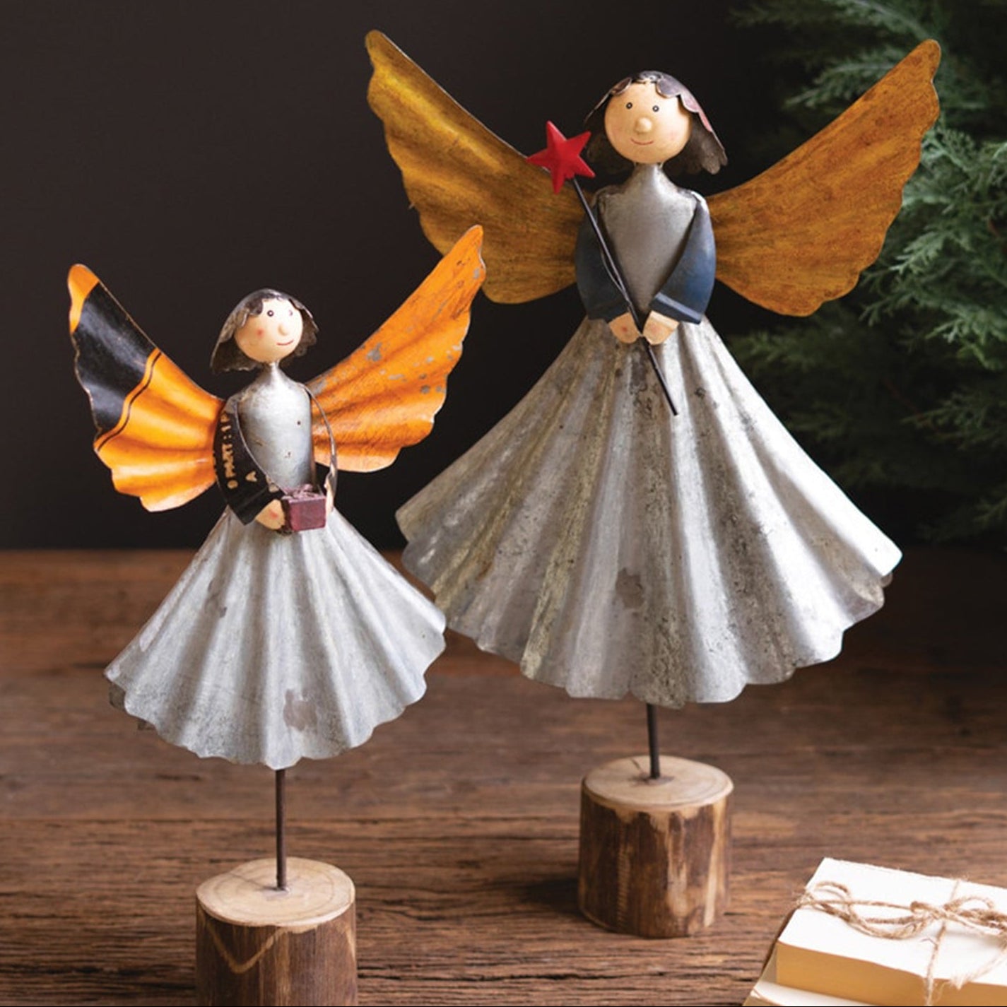 Recycled Metal Angels on Wooden Base Set of 2