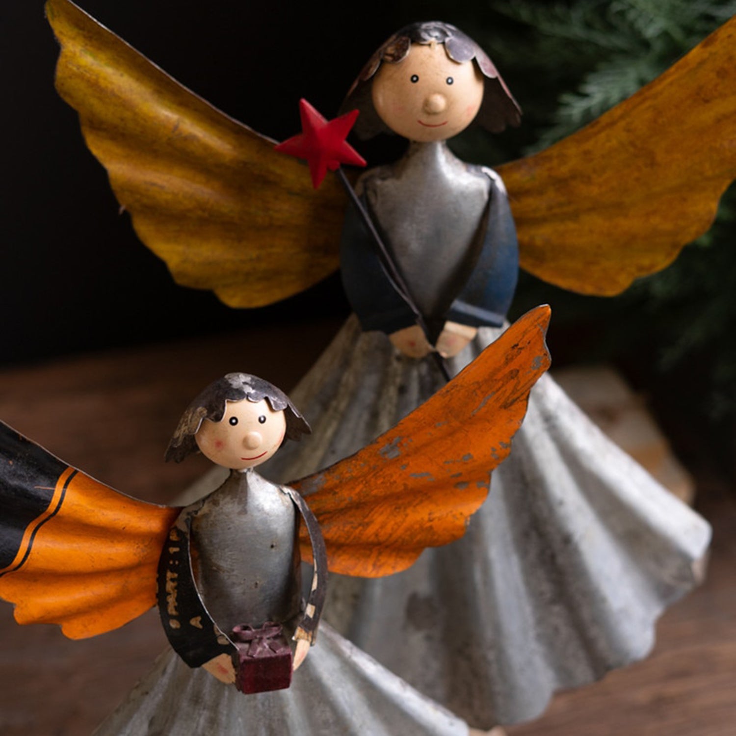Recycled Metal Angels on Wooden Base Set of 2