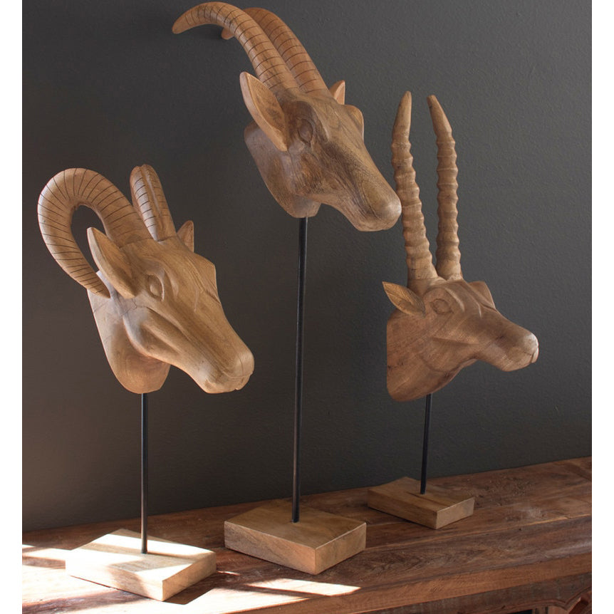 Carved Mango Wood African Animal Head Set of 3