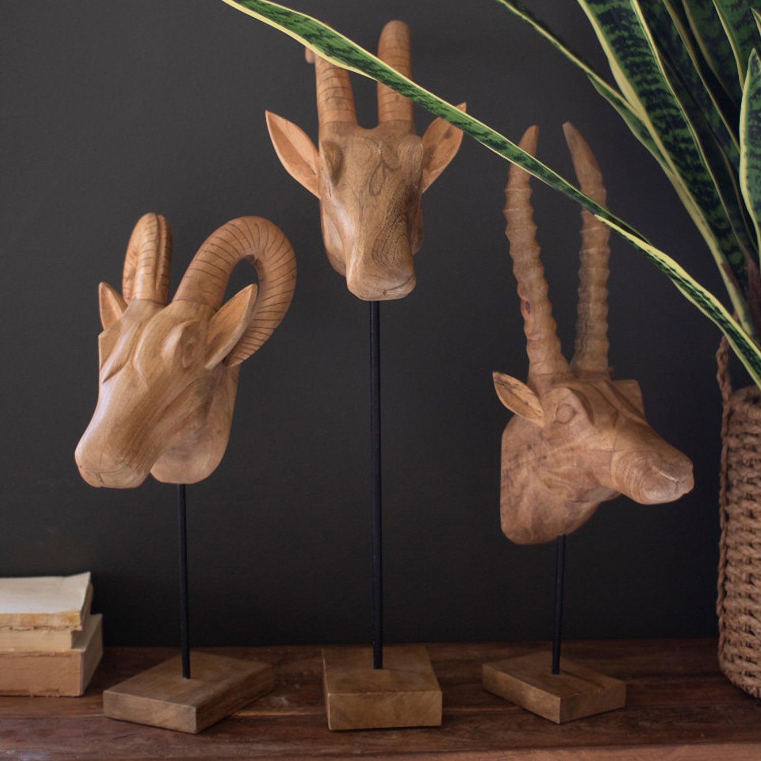 Carved Mango Wood African Animal Head Set of 3