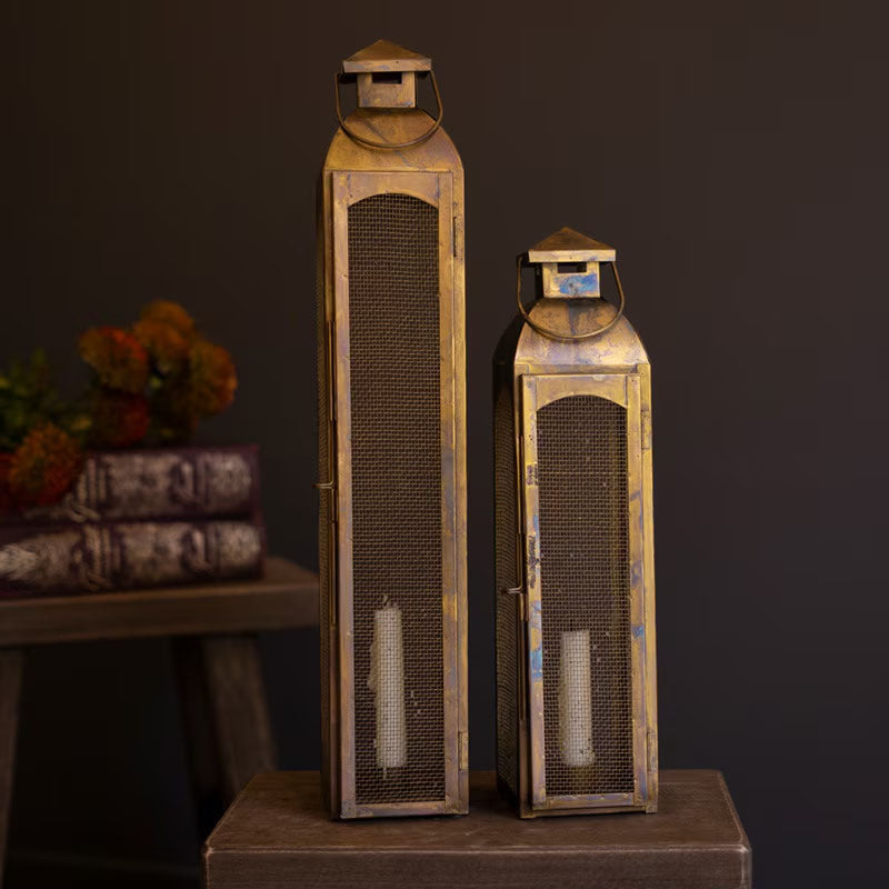 Antique Brass Taper Candle Lantern Set of 2