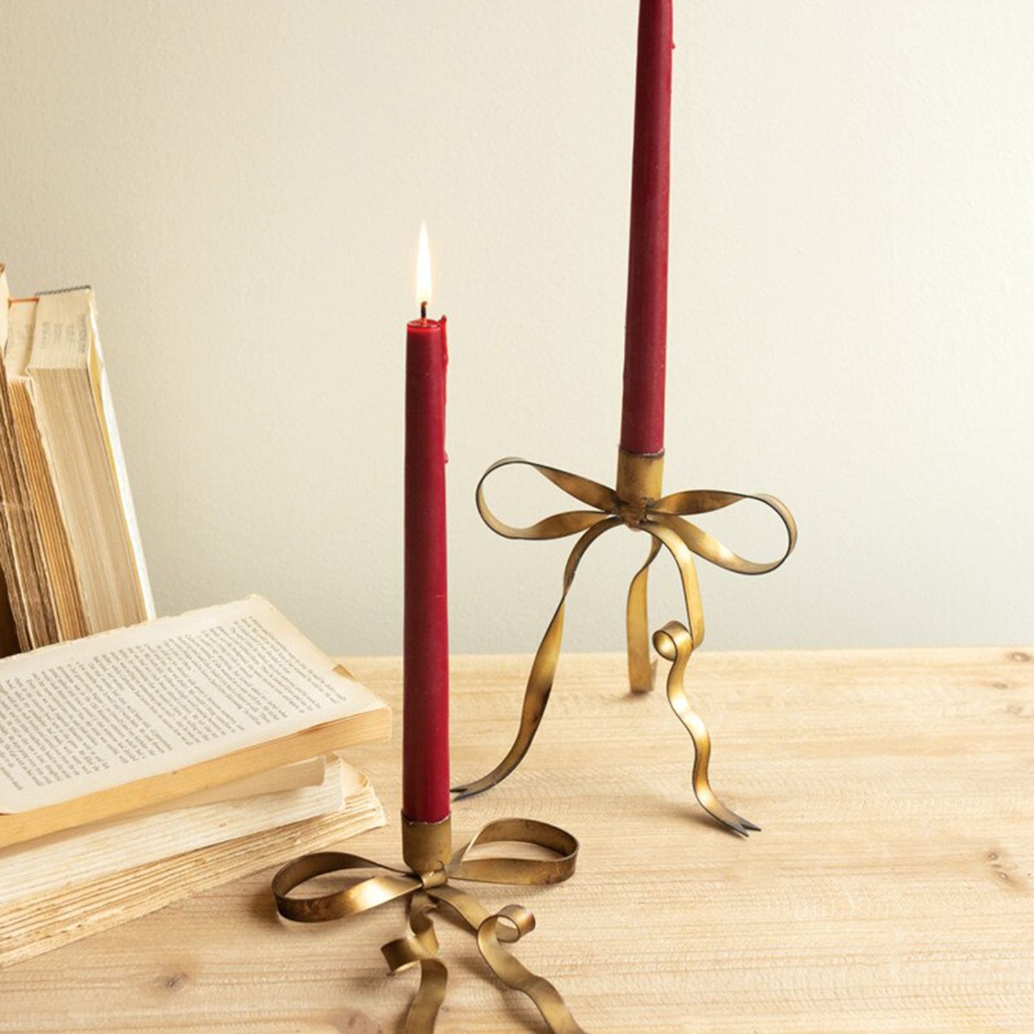 Antique Brass Bow Taper Candle Holder Set of 2