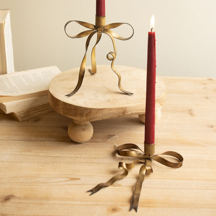 Antique Brass Bow Taper Candle Holder Set of 2