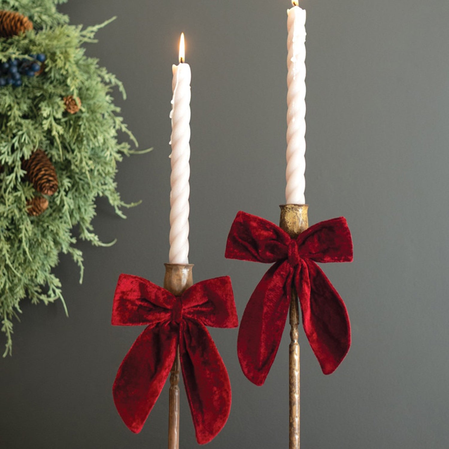 Antique Brass Taper Candle Holders with Velvet Bow Set of 2