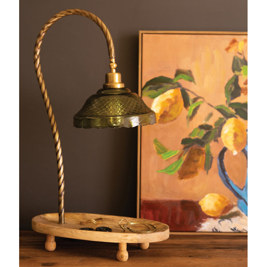 Table Lamp with Green Glass Shade and Oval Wooden Base