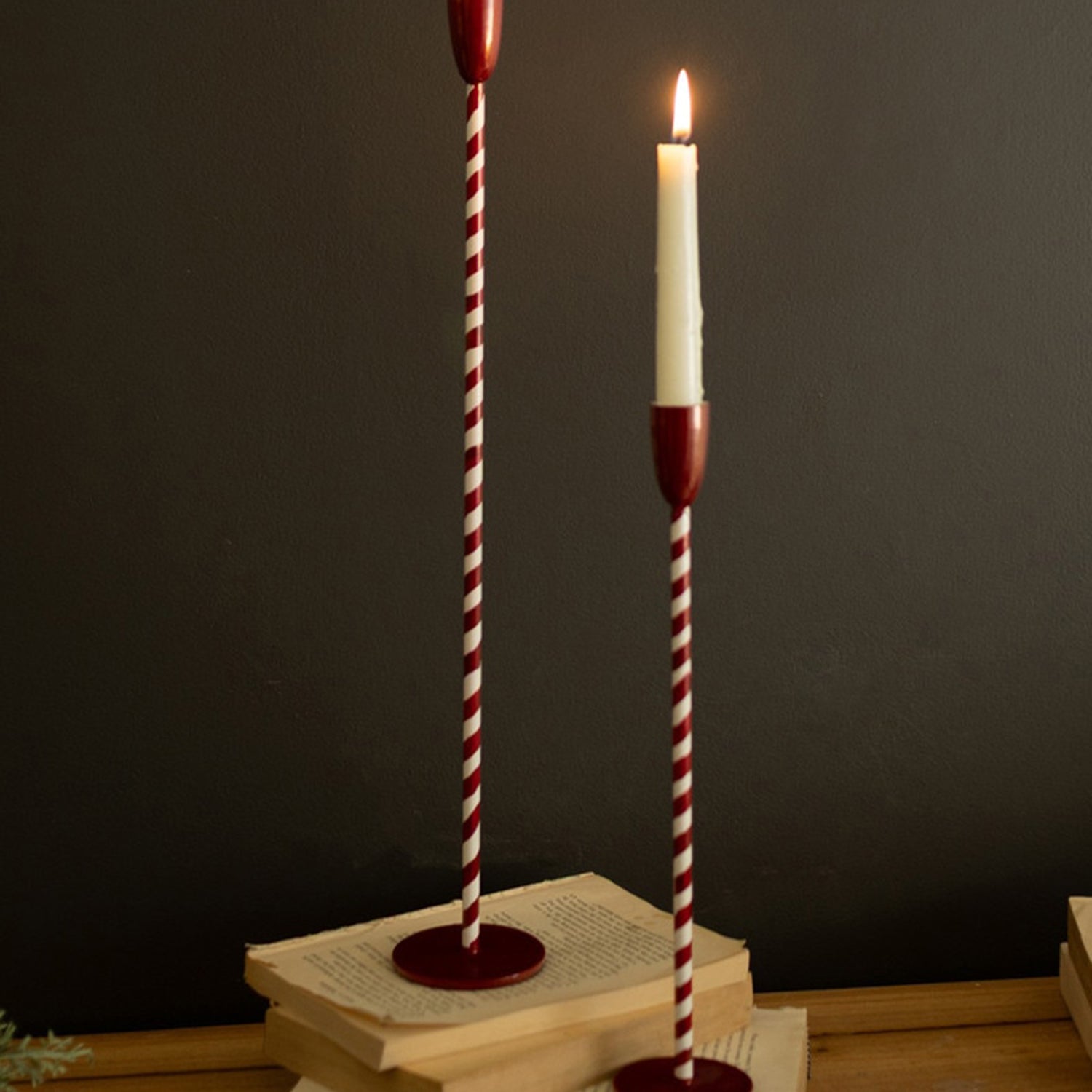 Red and White Candy Cane Taper Candle Holder Set of 2