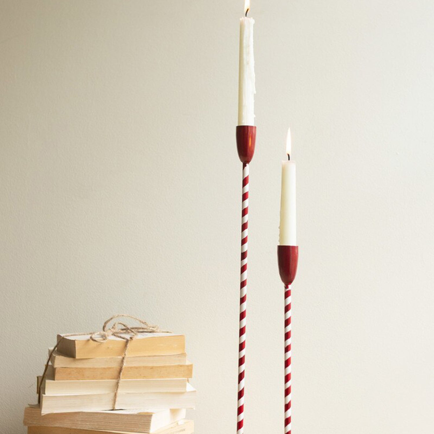Red and White Candy Cane Taper Candle Holder Set of 2