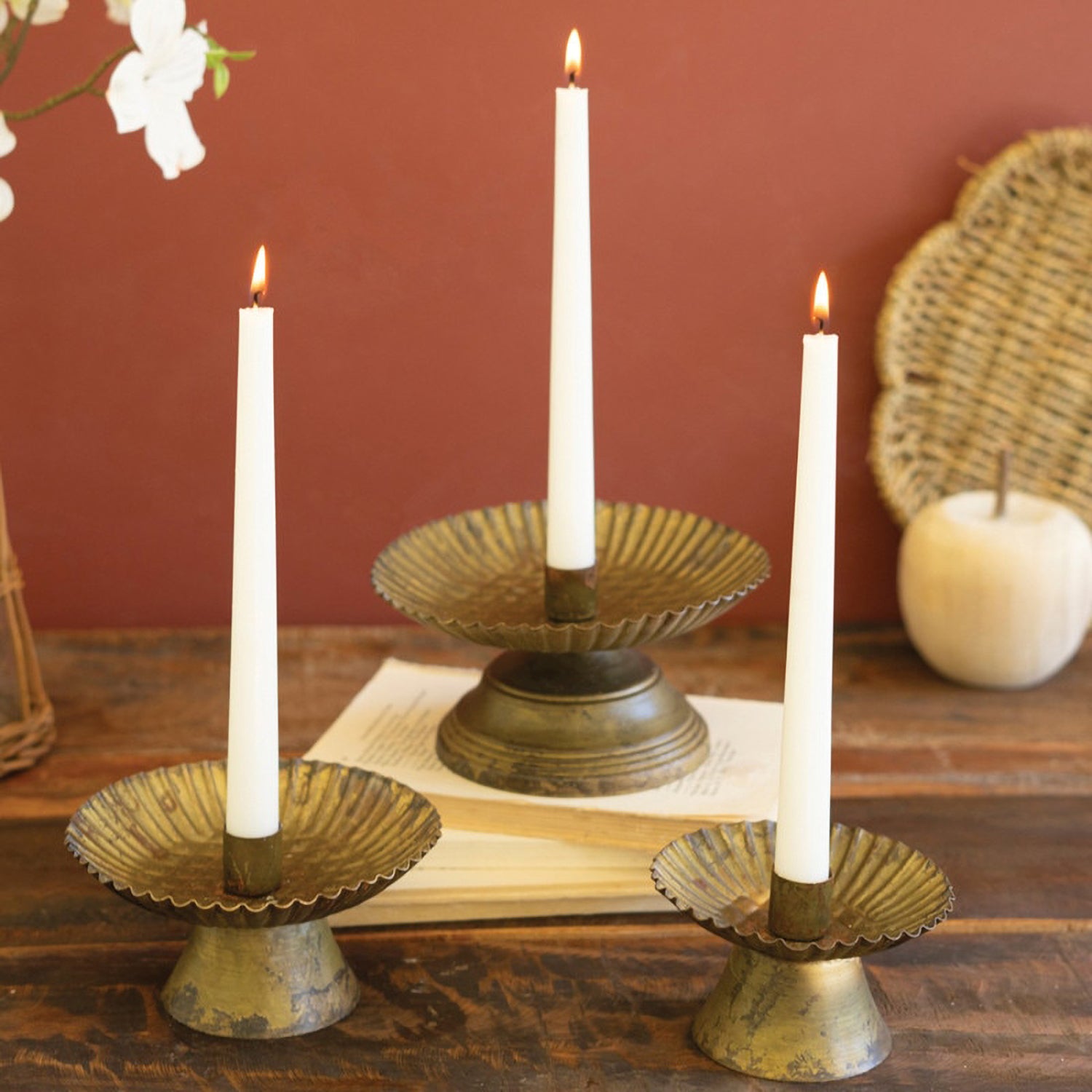 Antique Gold Taper Candle Holders With Fluted Base Set of 3