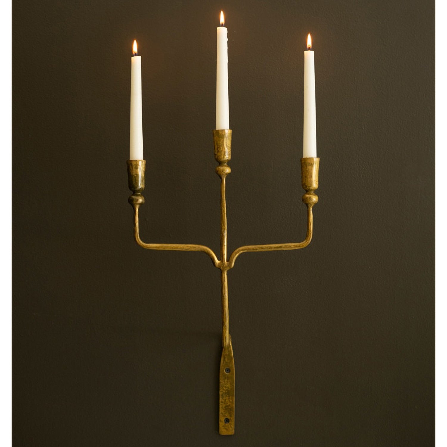 Forged Iron Antique Brass Triple Taper Wall Sconce Set of 2