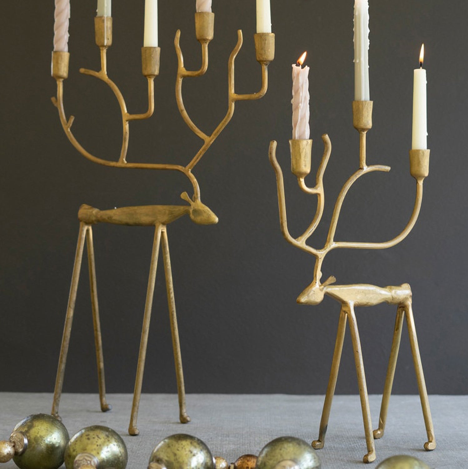 Antique Gold Forged Iron Christmas Deer Candelabra Set of 2