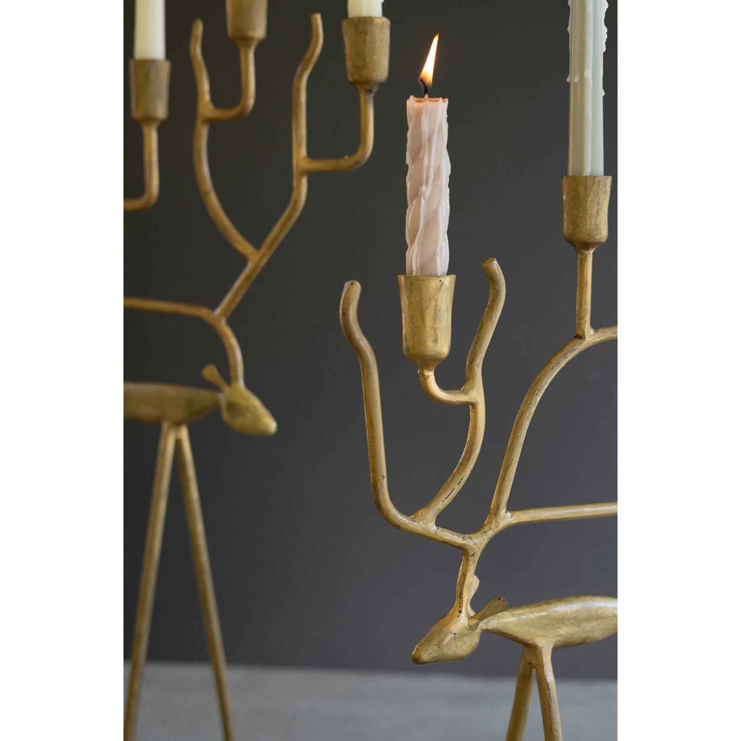 Antique Gold Forged Iron Christmas Deer Candelabra Set of 2