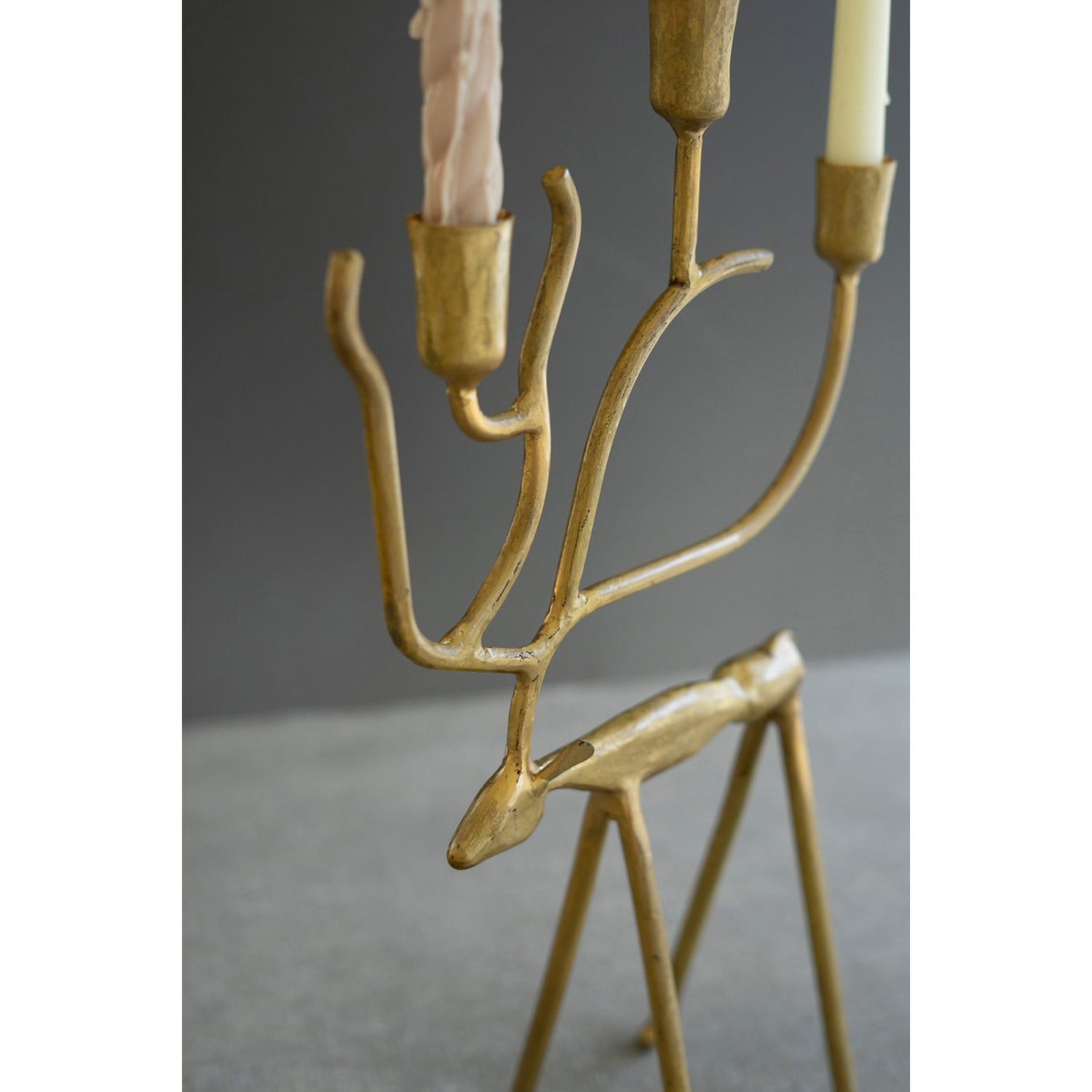 Antique Gold Forged Iron Christmas Deer Candelabra Set of 2