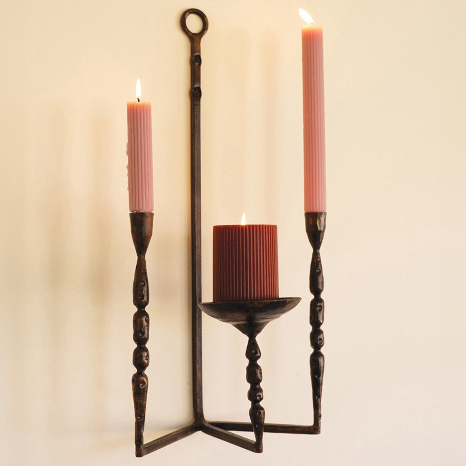 Forged-Iron Wall Taper and Pillar Candle Holder