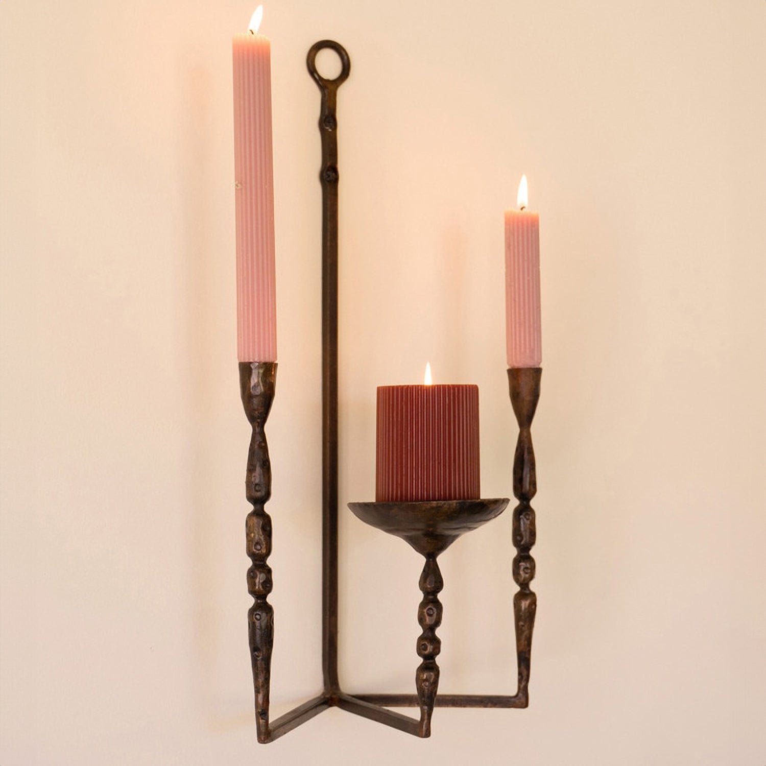 Forged-Iron Wall Taper and Pillar Candle Holder