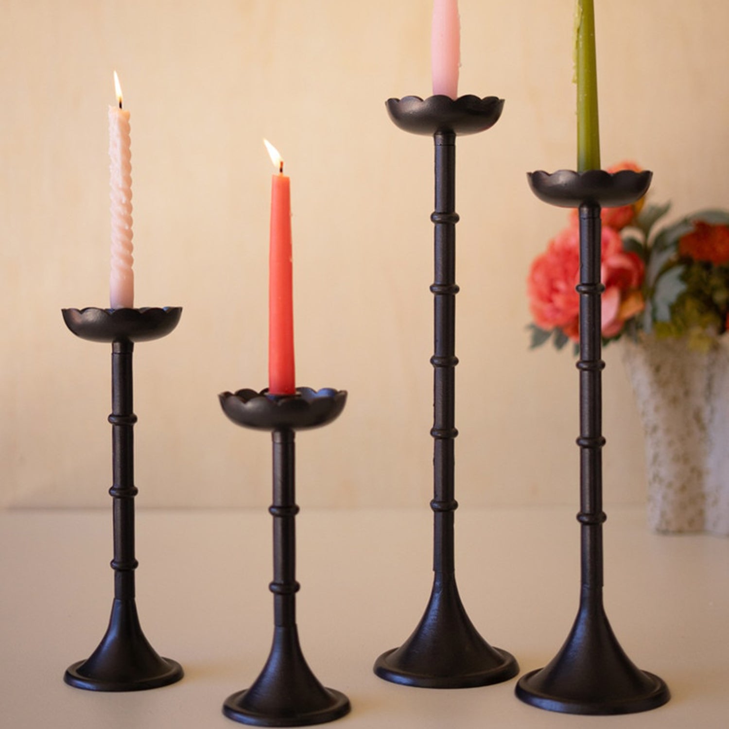 Flowers Cast Alumunum Taper Candle Holder Set of 4