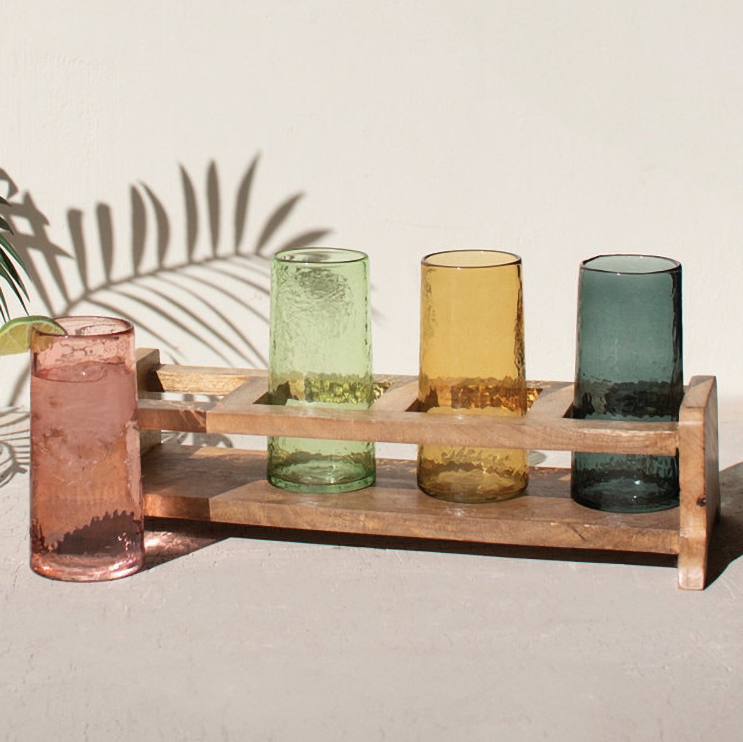 Four Cocktail Glasses with Wooden Tray