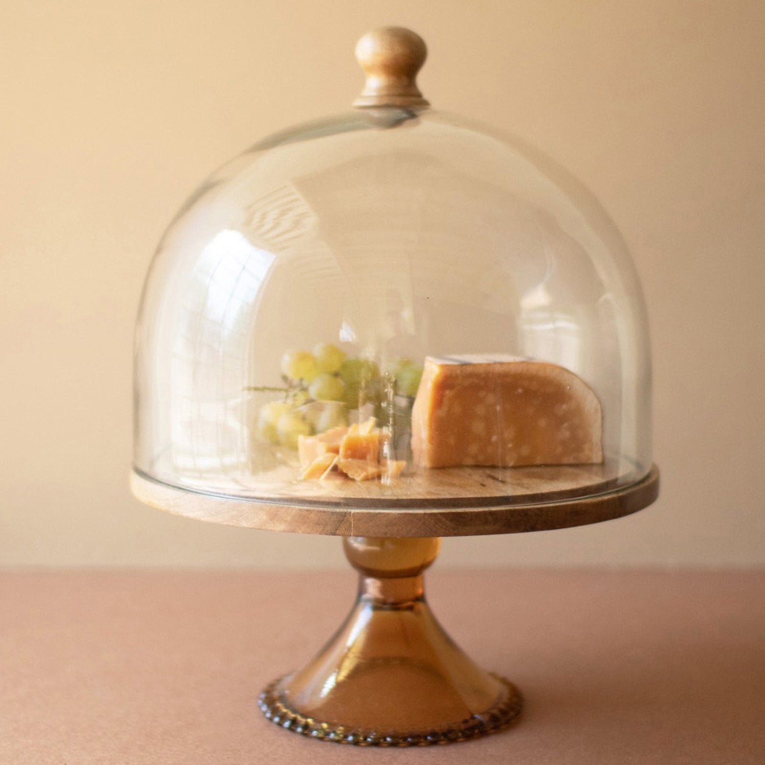 Mango Wood Cake Display with Glass Dome and Base