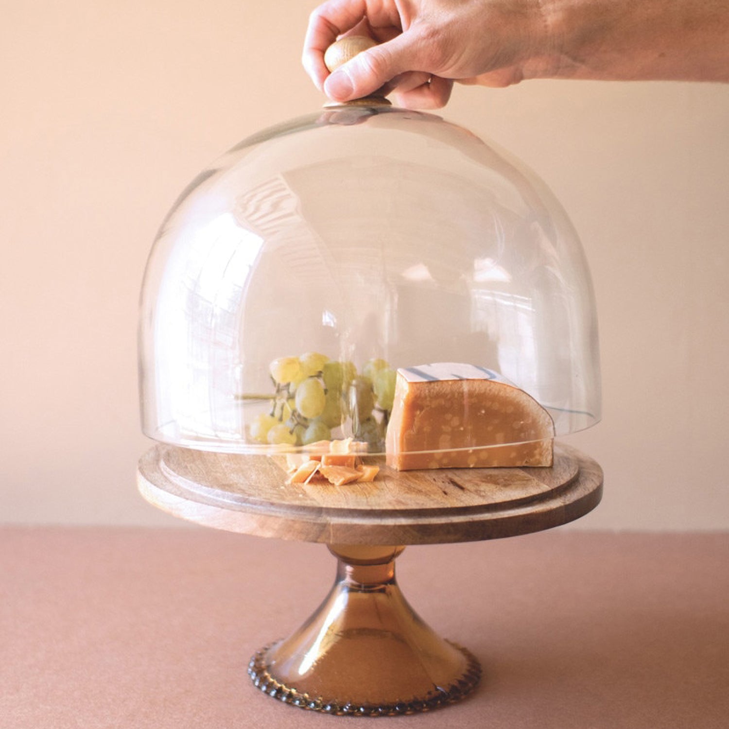 Mango Wood Cake Display with Glass Dome and Base