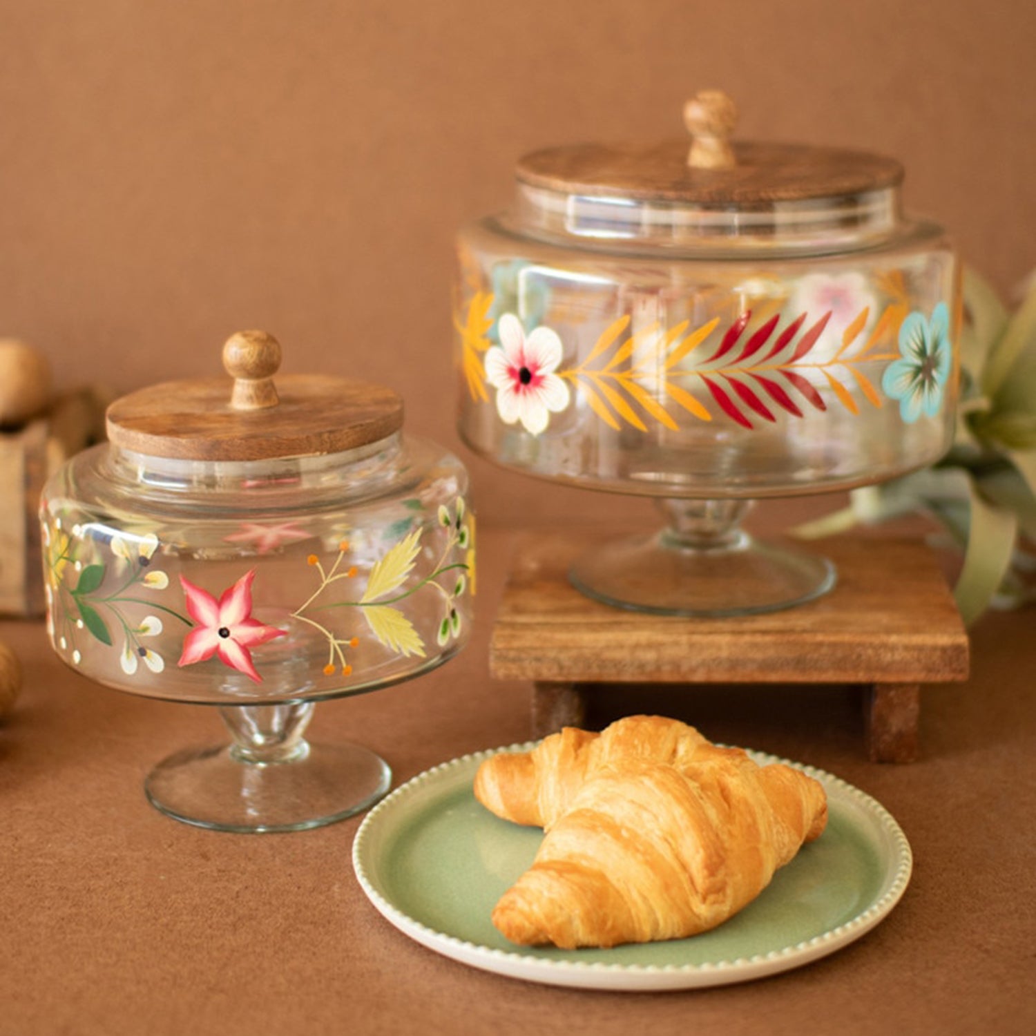 Footed Glass Jars Wood Tops & Painted Set of 2