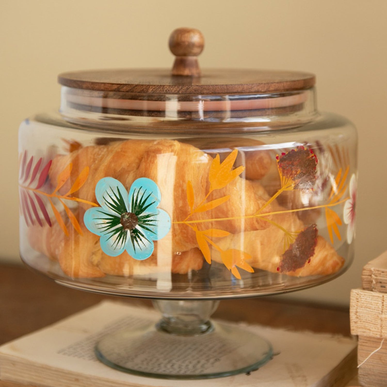 Footed Glass Jars Wood Tops & Painted Set of 2