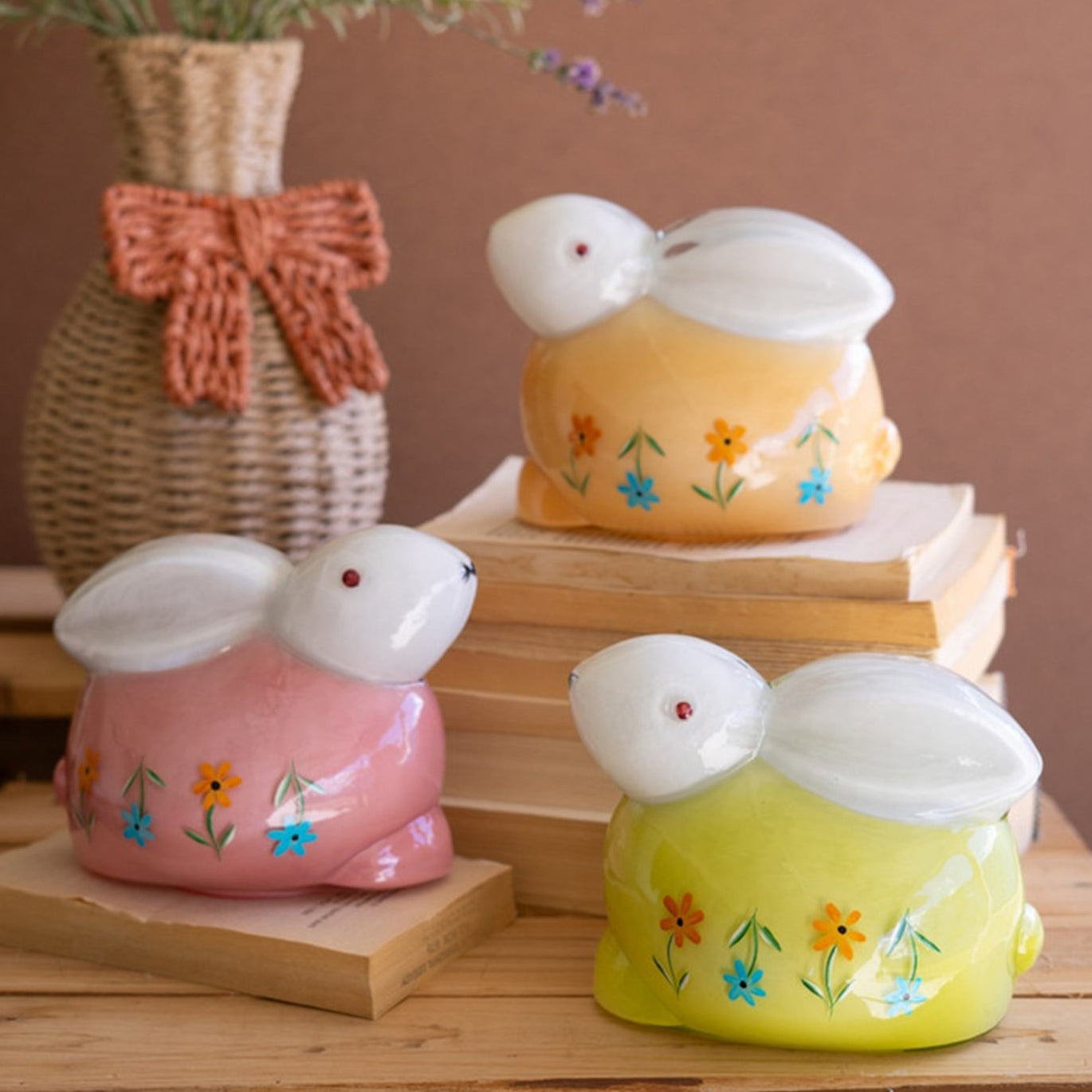 Hand Painted Glass Bunny Set of 3