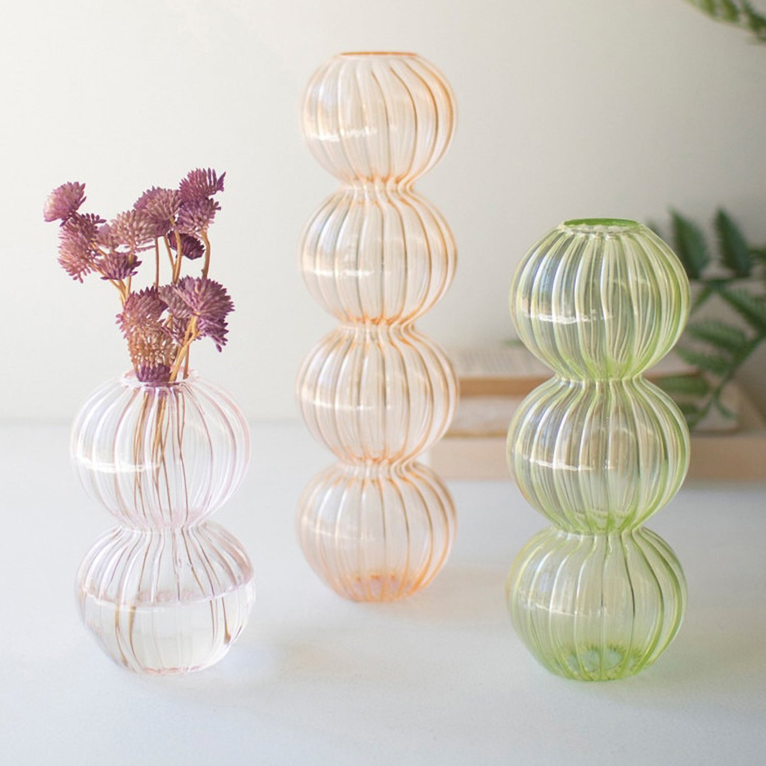 Fluted Glass Stacking Ball Vase Set of 3