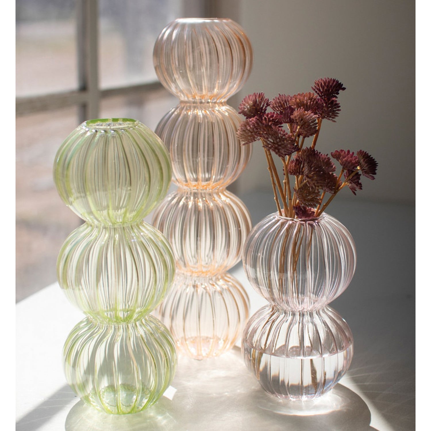 Fluted Glass Stacking Ball Vase Set of 3