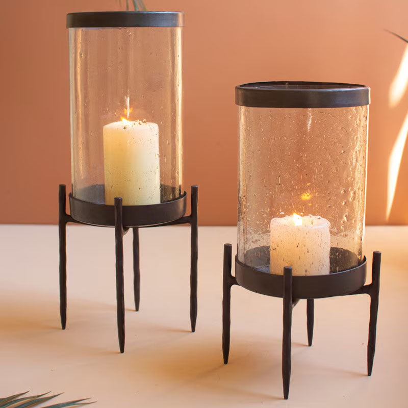 Iron and Glass Hurricane Set of 2