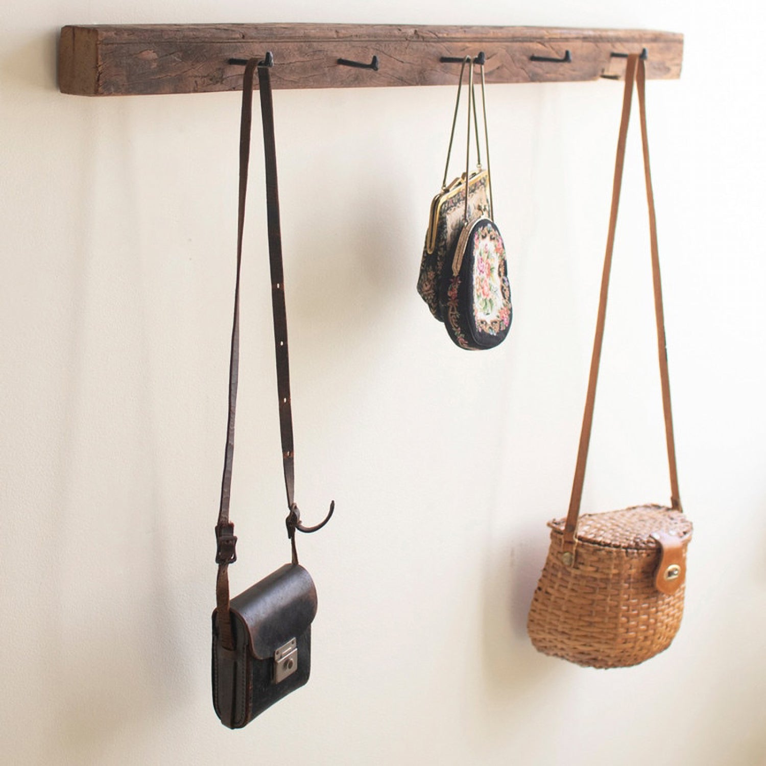 Recycled Wood Coat Rack with Forged Iron Hooks