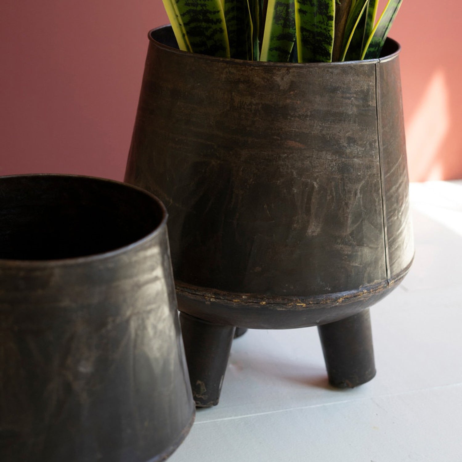 Hand-Hammered Iron Planters with Legs Set of 2