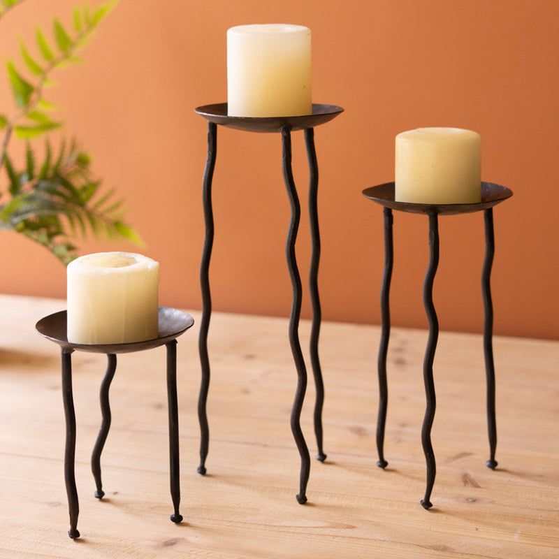 Rustic Metal Candle Stands with Wavy Leg Set of 3